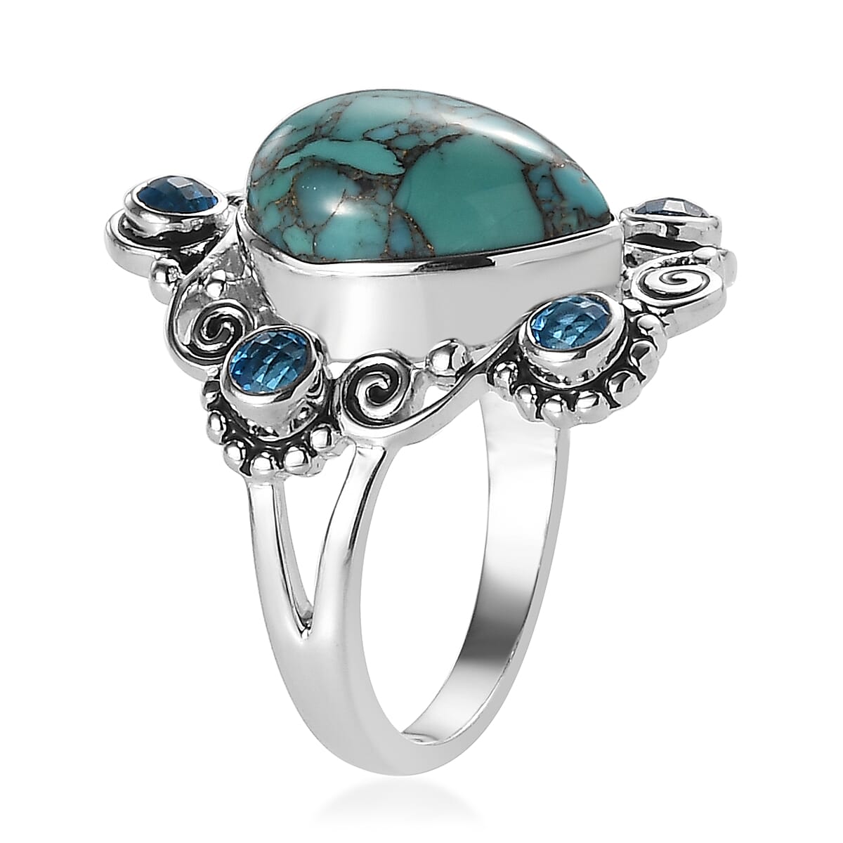 Sajen Silver AAA Mojave Turquoise and Celestial Paraiba Doublet Quartz Ring in Platinum Over Sterling Silver (Size 11.0) 6.75 ctw image number 3