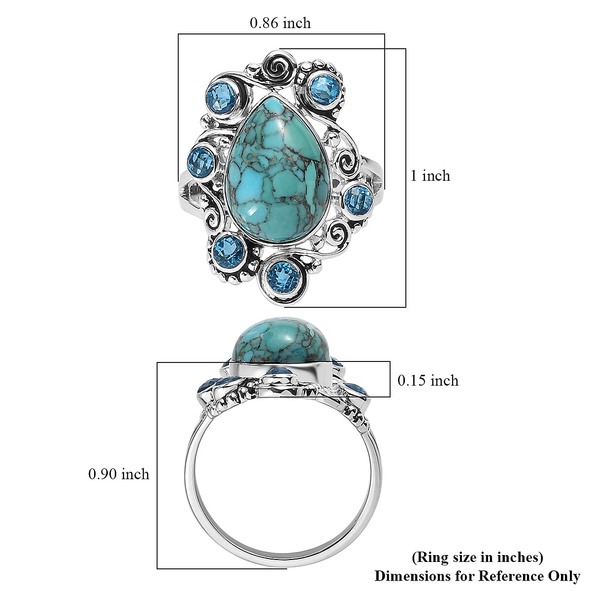 Sajen Silver AAA Mojave Turquoise and Celestial Paraiba Doublet Quartz Ring in Platinum Over Sterling Silver (Size 11.0) 6.75 ctw image number 5