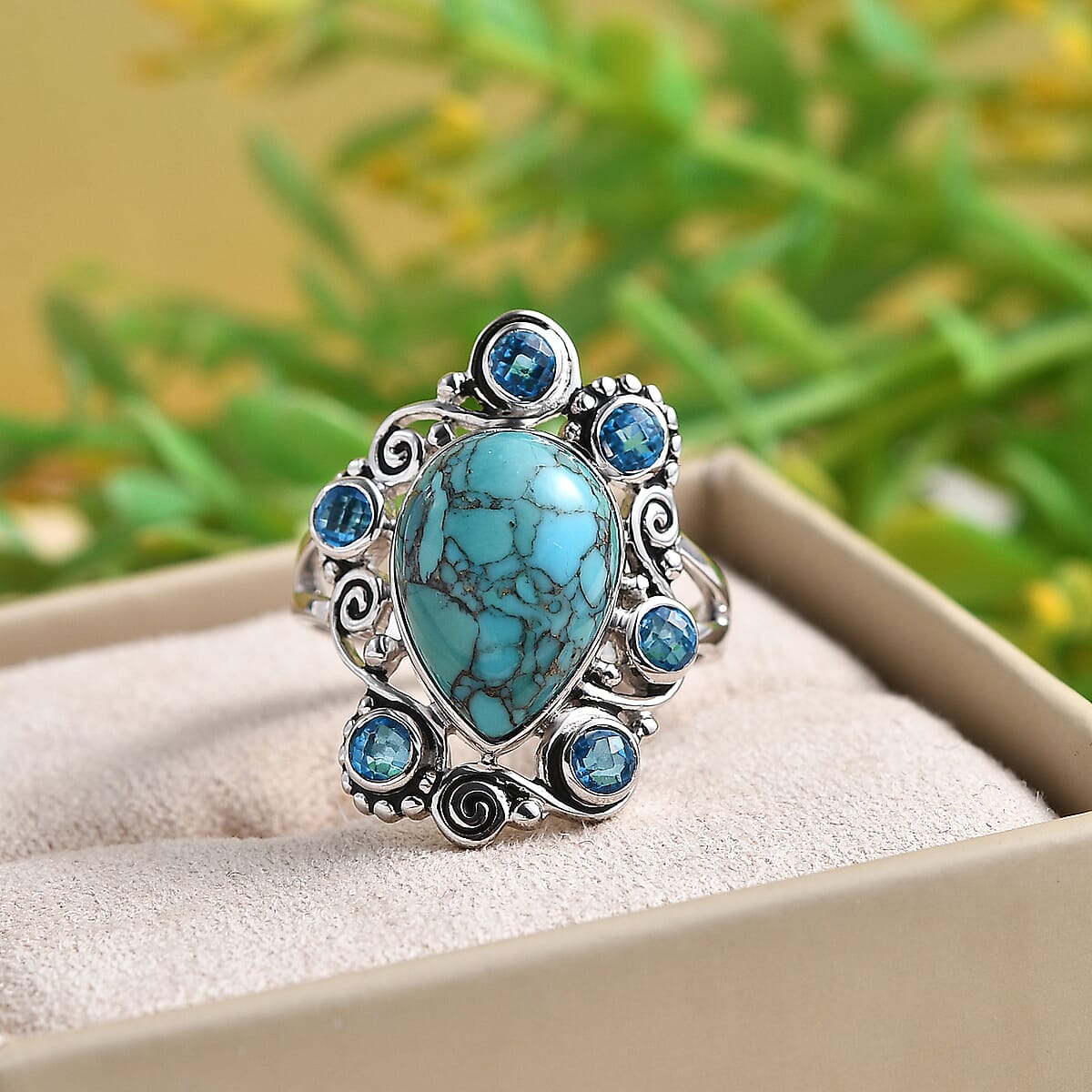 Sajen Silver AAA Mojave Turquoise and Celestial Paraiba Doublet Quartz Ring in Platinum Over Sterling Silver (Size 6.0) 6.75 ctw image number 1