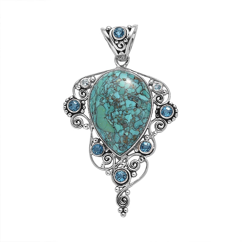 Sajen Silver AAA Mojave Turquoise and Multi Gemstone Pendant in Platinum Over Sterling Silver 24.71 ctw