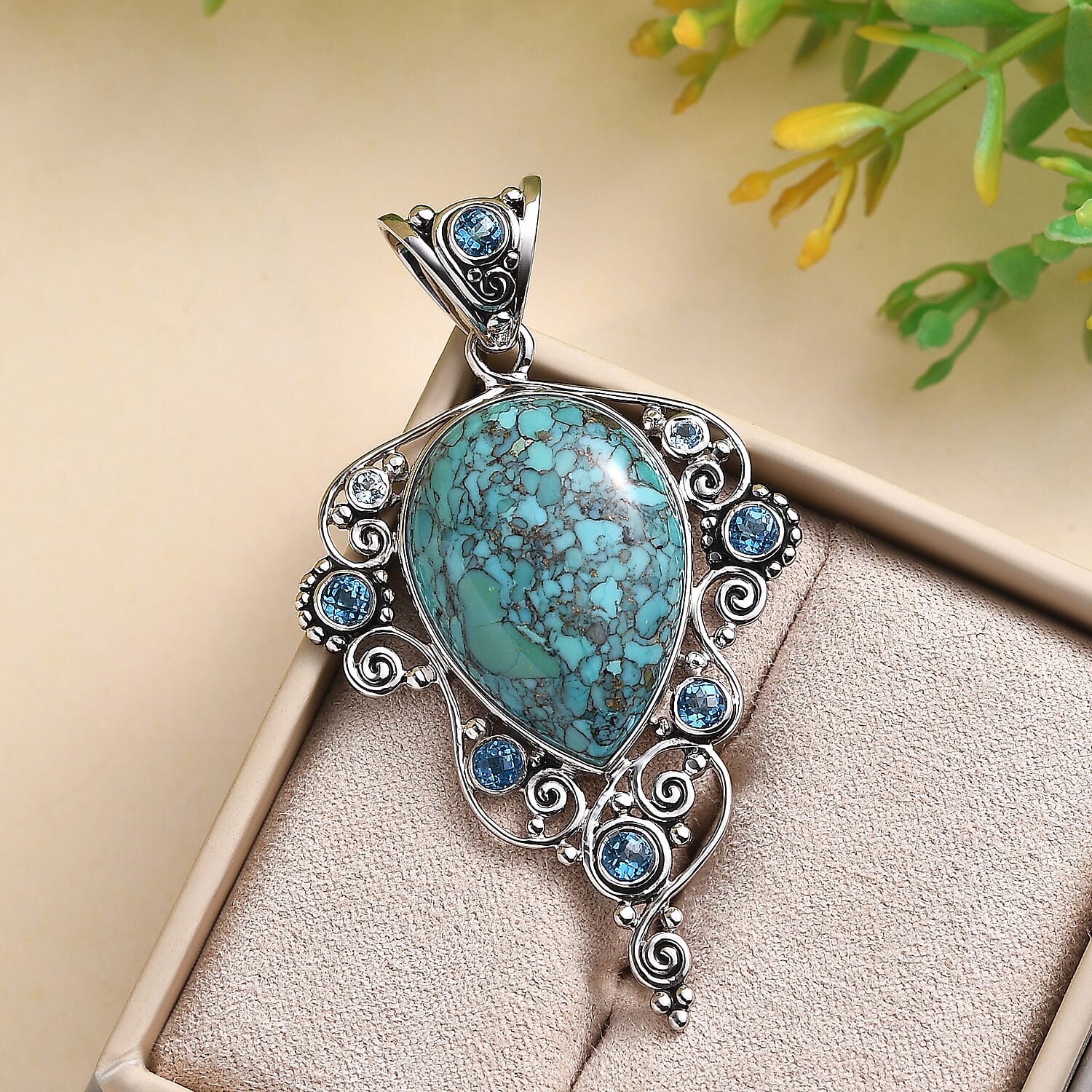 Sajen Silver AAA Mojave Turquoise and Multi Gemstone Pendant in Platinum Over Sterling Silver 24.71 ctw
