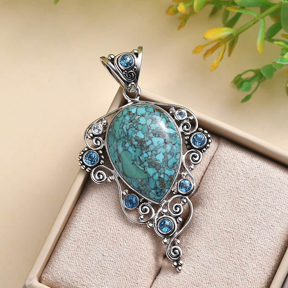 Sajen Silver AAA Mojave Turquoise and Multi Gemstone Pendant in Platinum Over Sterling Silver 24.71 ctw image number 1