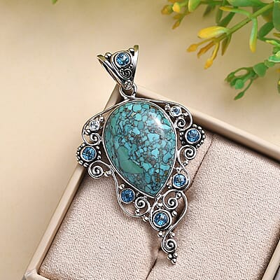 Sajen Silver AAA Mojave Turquoise and Multi Gemstone Pendant in Platinum Over Sterling Silver 24.71 ctw