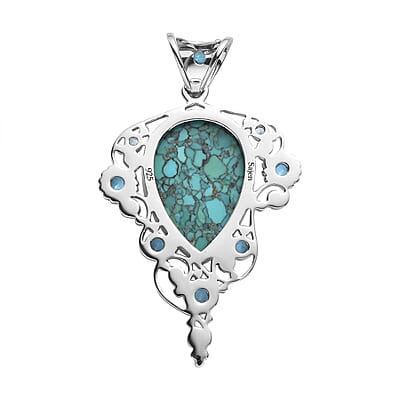 Sajen Silver AAA Mojave Turquoise and Multi Gemstone Pendant in Platinum Over Sterling Silver 24.71 ctw