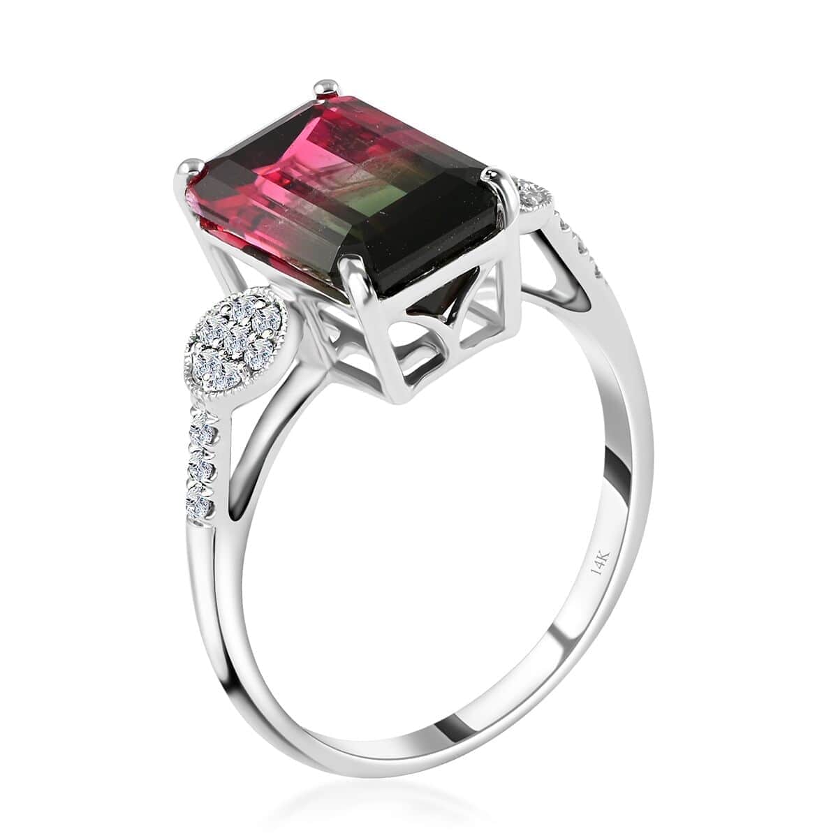 Certified Luxoro 14K White Gold AAA Bi-Color Tourmaline and G-H I2 Diamond Ring (Size 6.0) 4.69 ctw image number 3