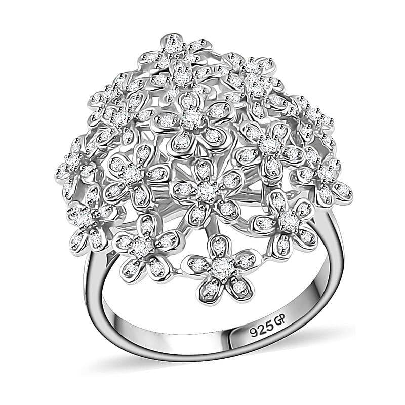 GP Royal Art Deco Italian Garden Collection Diamond Floral Ring in Rhodium Over Sterling Silver (Size 10.0) 0.50 ctw