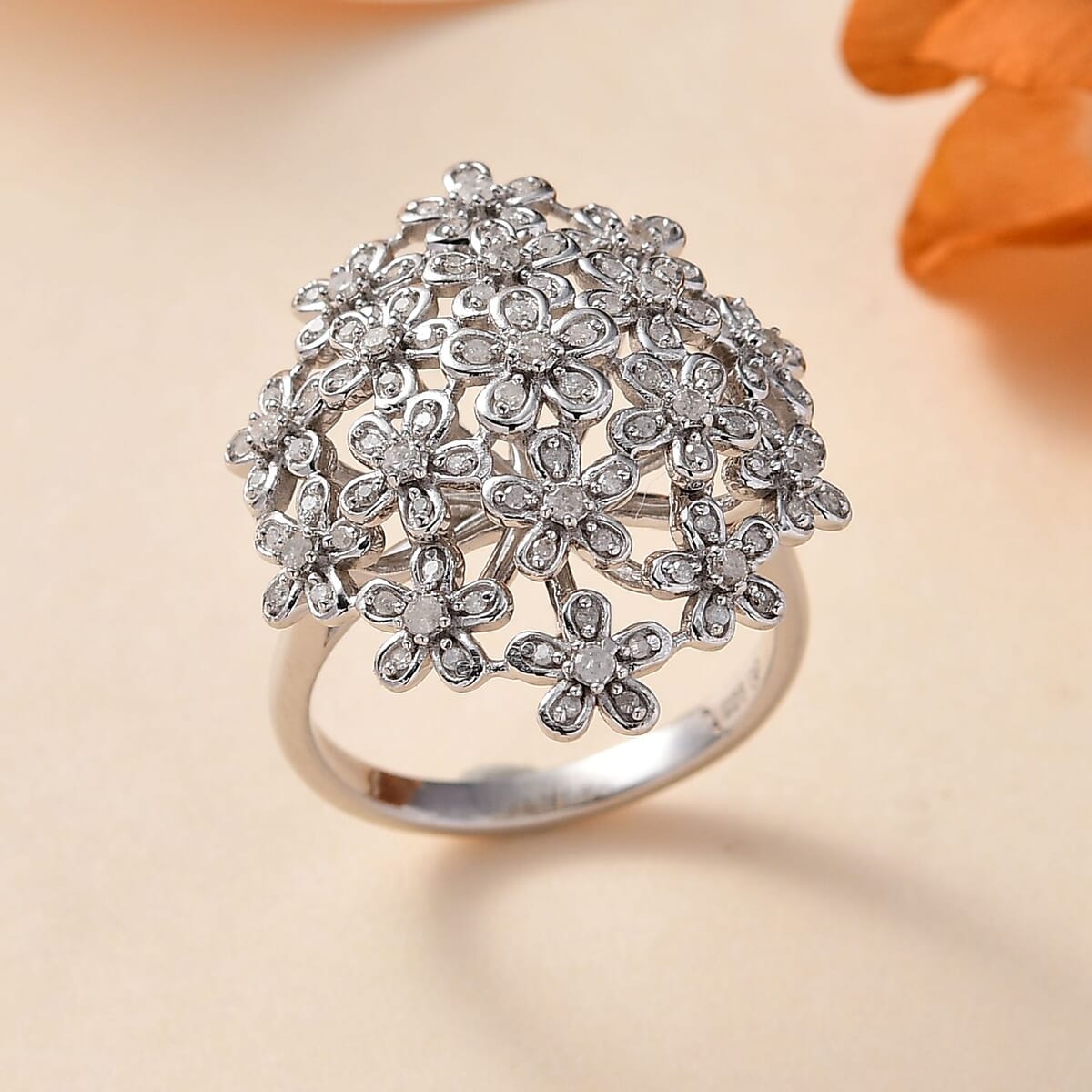 GP Royal Art Deco Italian Garden Collection Diamond Floral Ring in Rhodium Over Sterling Silver (Size 10.0) 0.50 ctw image number 1