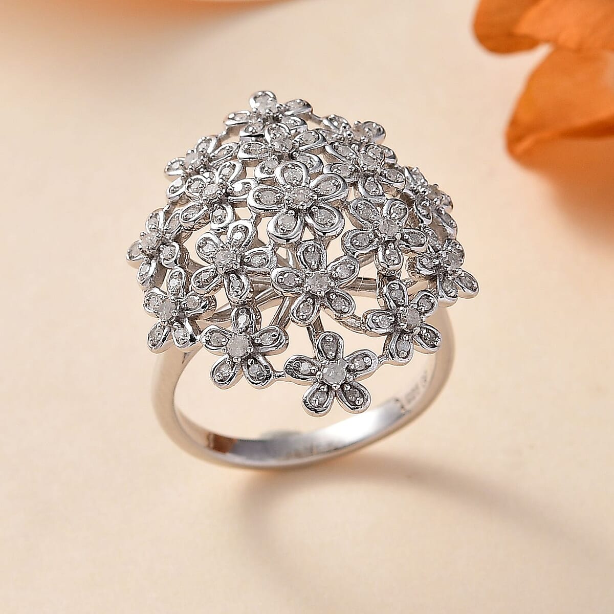 GP Royal Art Deco Italian Garden Collection Diamond Floral Ring in Rhodium Over Sterling Silver (Size 8.0) 0.50 ctw image number 1