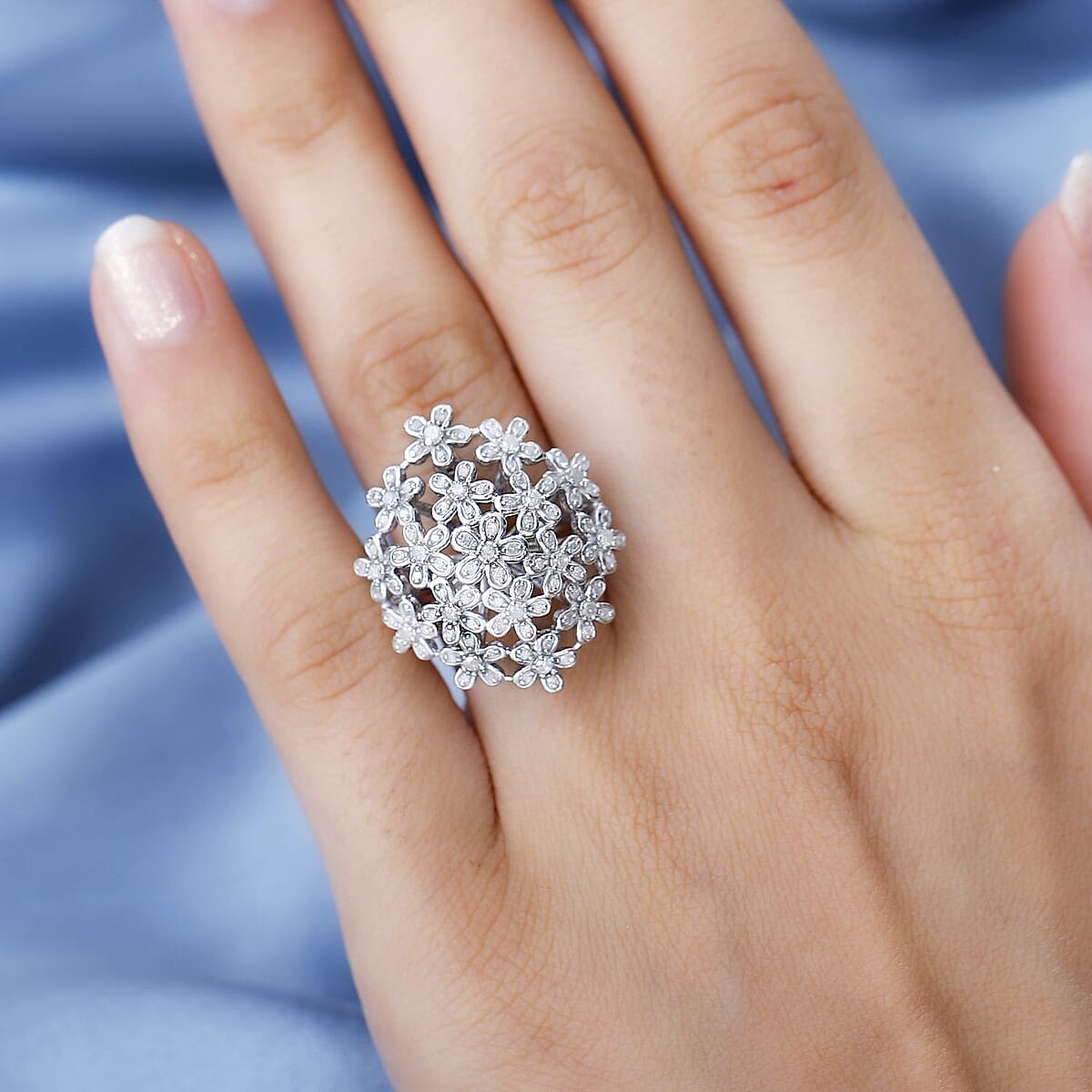 GP Royal Art Deco Italian Garden Collection Diamond Floral Ring in Rhodium Over Sterling Silver (Size 8.0) 0.50 ctw image number 2