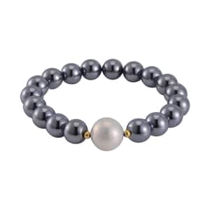 Terahertz and Freshwater Pearl Beaded Stretch Bracelet in Sterling Silver 130.00 ctw