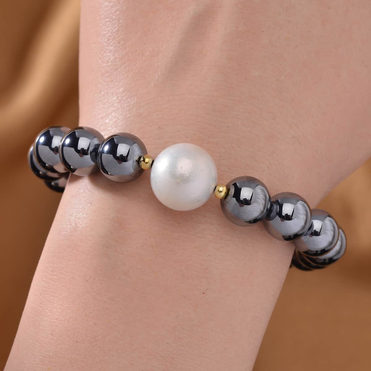 Terahertz and Freshwater Pearl Beaded Stretch Bracelet in Sterling Silver 130.00 ctw image number 1