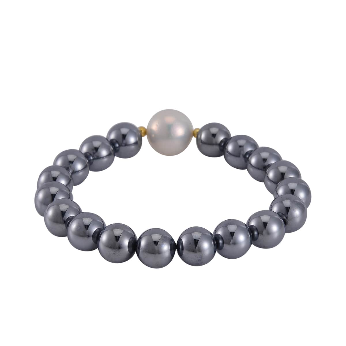 Terahertz and Freshwater Pearl Beaded Stretch Bracelet in Sterling Silver 130.00 ctw image number 2