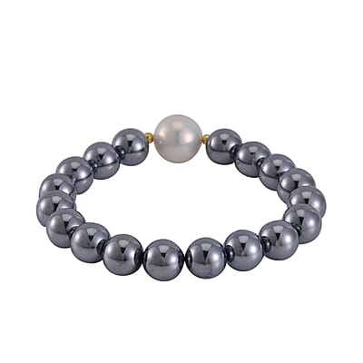 Terahertz and Freshwater Pearl Beaded Stretch Bracelet in Sterling Silver 130.00 ctw