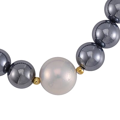 Terahertz and Freshwater Pearl Beaded Stretch Bracelet in Sterling Silver 130.00 ctw