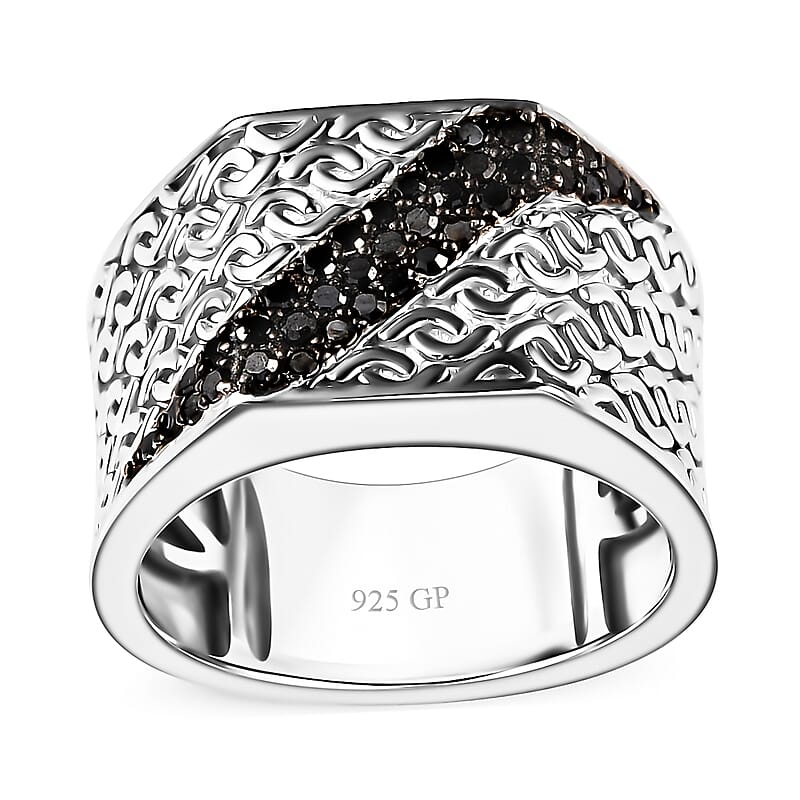 GP Royal Art Deco Collection Black Diamond Ring in Rhodium Over Sterling Silver (Size 10.0) 0.25 ctw