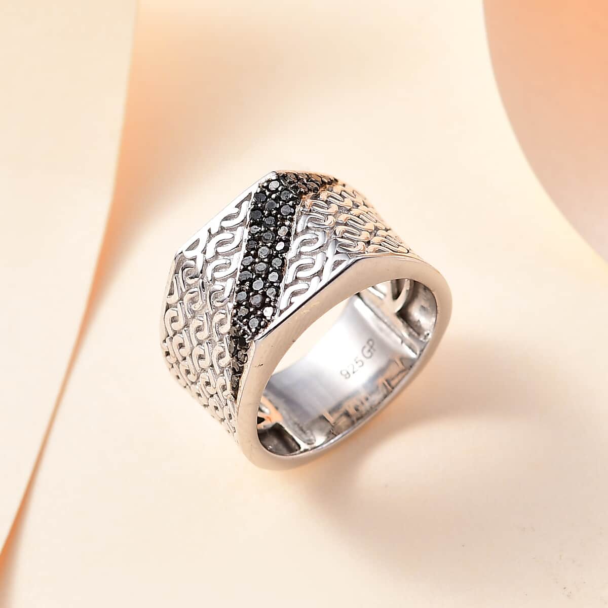 GP Royal Art Deco Collection Black Diamond Ring in Rhodium Over Sterling Silver (Size 10.0) 0.25 ctw image number 1