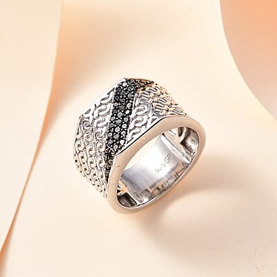 GP Royal Art Deco Collection Black Diamond Ring in Rhodium Over Sterling Silver (Size 10.0) 0.25 ctw