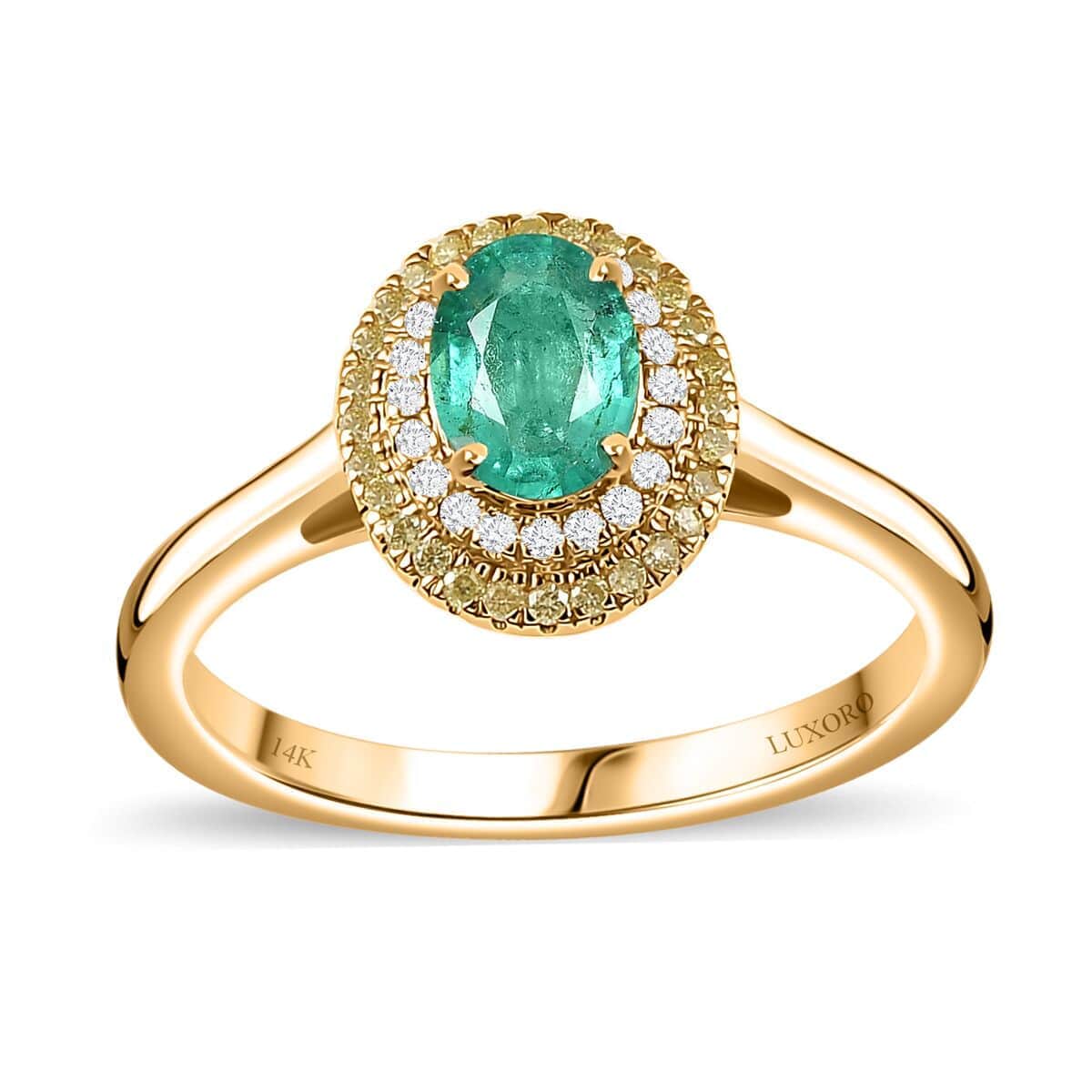 Certified and Appraised Premium AAA Boyaca Colombian Emerald and I2 Natural Yellow and White Diamond 0.90 ctw Ring in 14K Yellow Gold (Size 9.0) image number 0