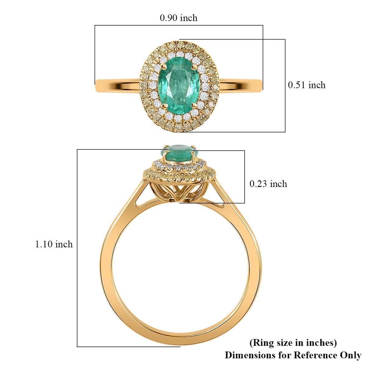 Certified and Appraised Premium AAA Boyaca Colombian Emerald and I2 Natural Yellow and White Diamond 0.90 ctw Ring in 14K Yellow Gold (Size 9.0) image number 5