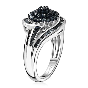 TLV Blue Diamond (IR) Ring in Rhodium Over Sterling Silver (Size 10.0) 1.00 ctw