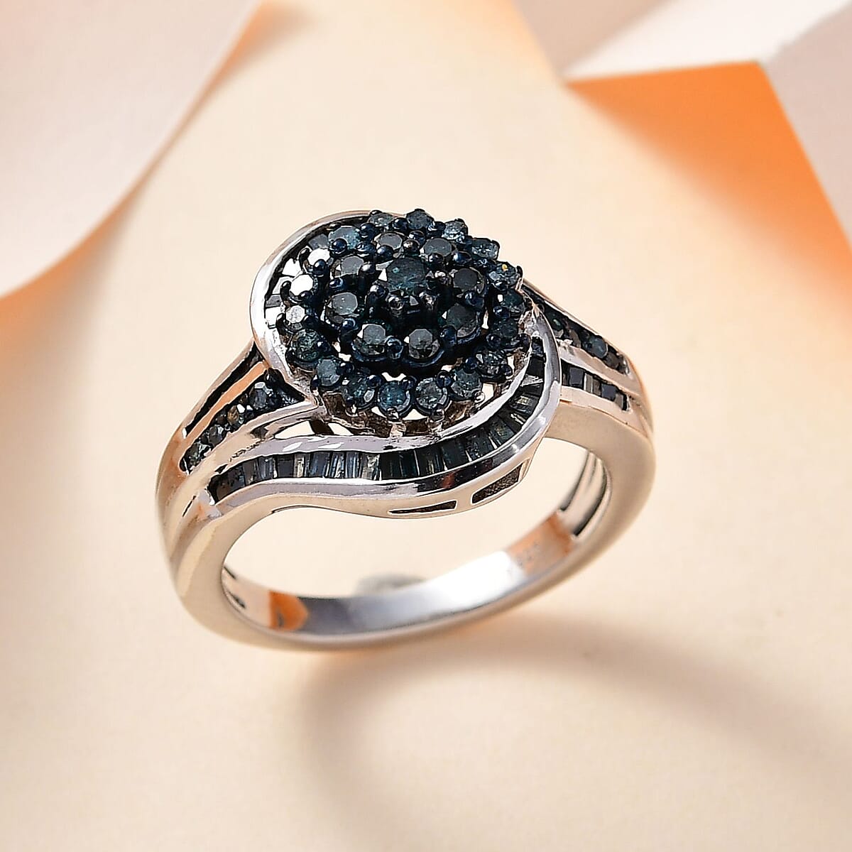 Blue Diamond Ring in Rhodium Over Sterling Silver (Size 8.0) 1.00 ctw image number 1