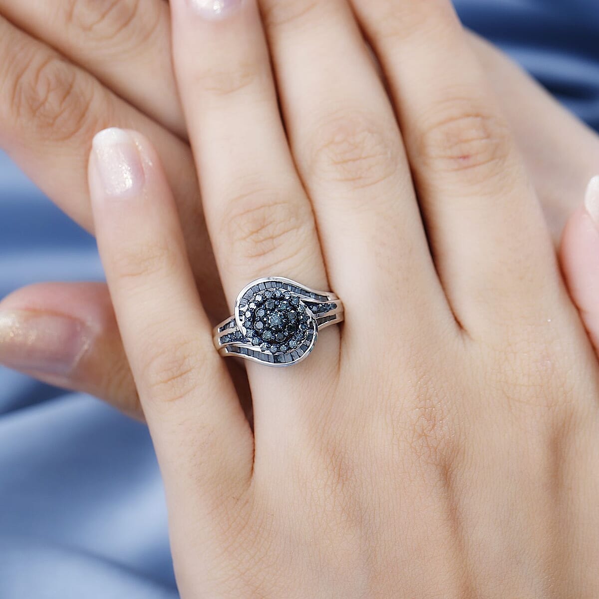 Blue Diamond Ring in Rhodium Over Sterling Silver (Size 8.0) 1.00 ctw image number 2