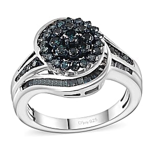 Blue Diamond Ring in Rhodium Over Sterling Silver (Size 9.0) 1.00 ctw