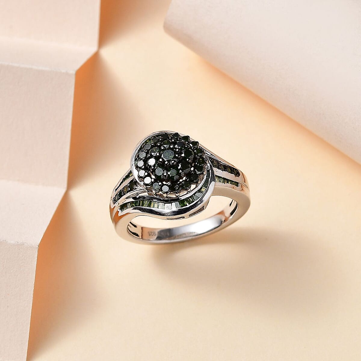 Green Diamond Ring in Rhodium Over Sterling Silver (Size 6.0) 1.00 ctw image number 1