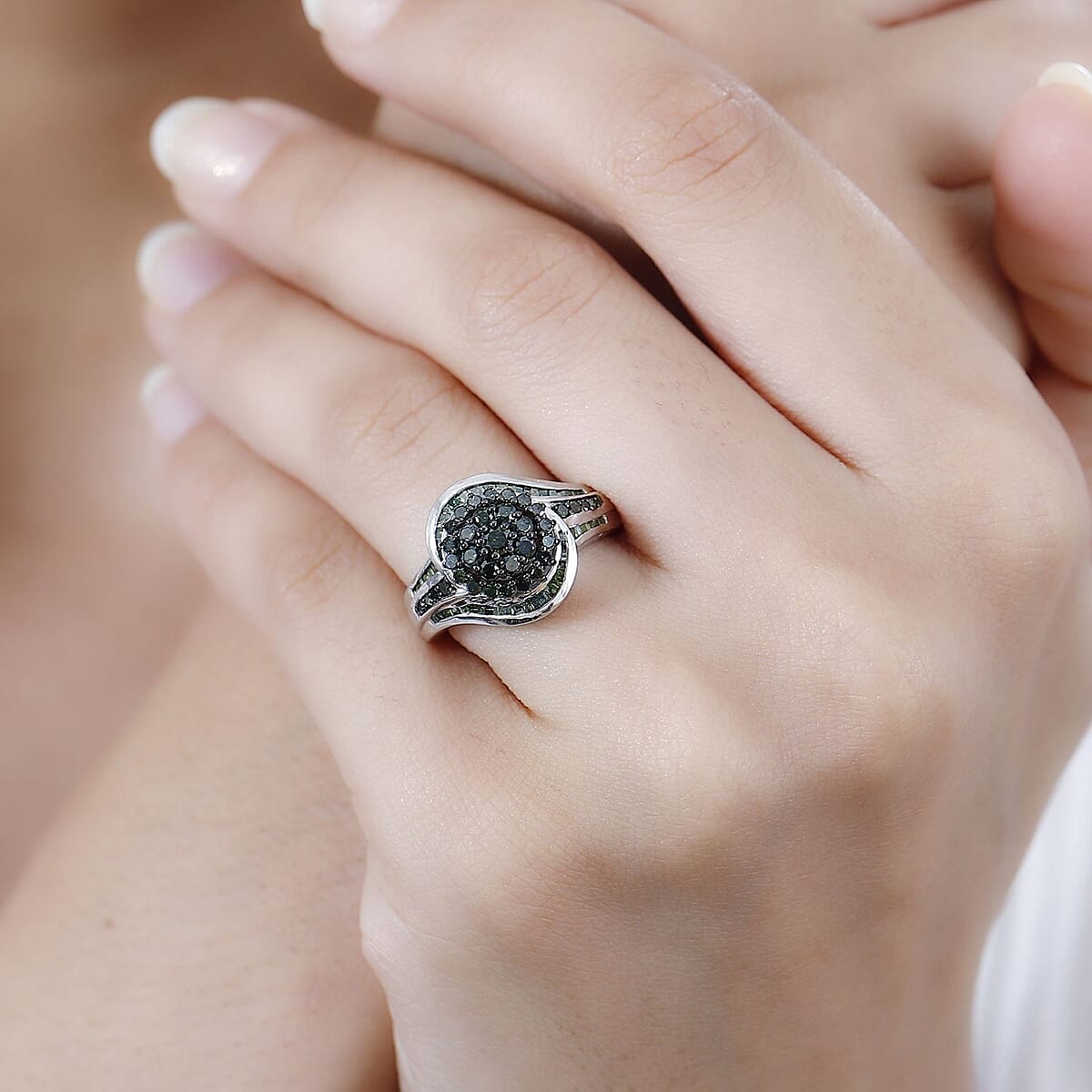 Green Diamond Ring in Rhodium Over Sterling Silver (Size 6.0) 1.00 ctw image number 2