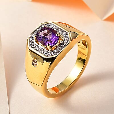 Uruguayan Amethyst and White Zircon Men's Ring in Vermeil Yellow Gold Over Sterling Silver (Size 10.0) 1.50 ctw