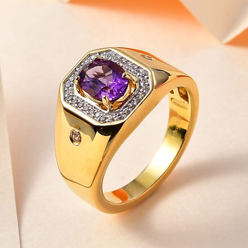 Uruguayan Amethyst and White Zircon Men's Ring in Vermeil Yellow Gold Over Sterling Silver (Size 10.0) 1.50 ctw