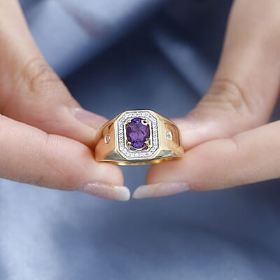 Uruguayan Amethyst and White Zircon Men's Ring in Vermeil Yellow Gold Over Sterling Silver (Size 10.0) 1.50 ctw