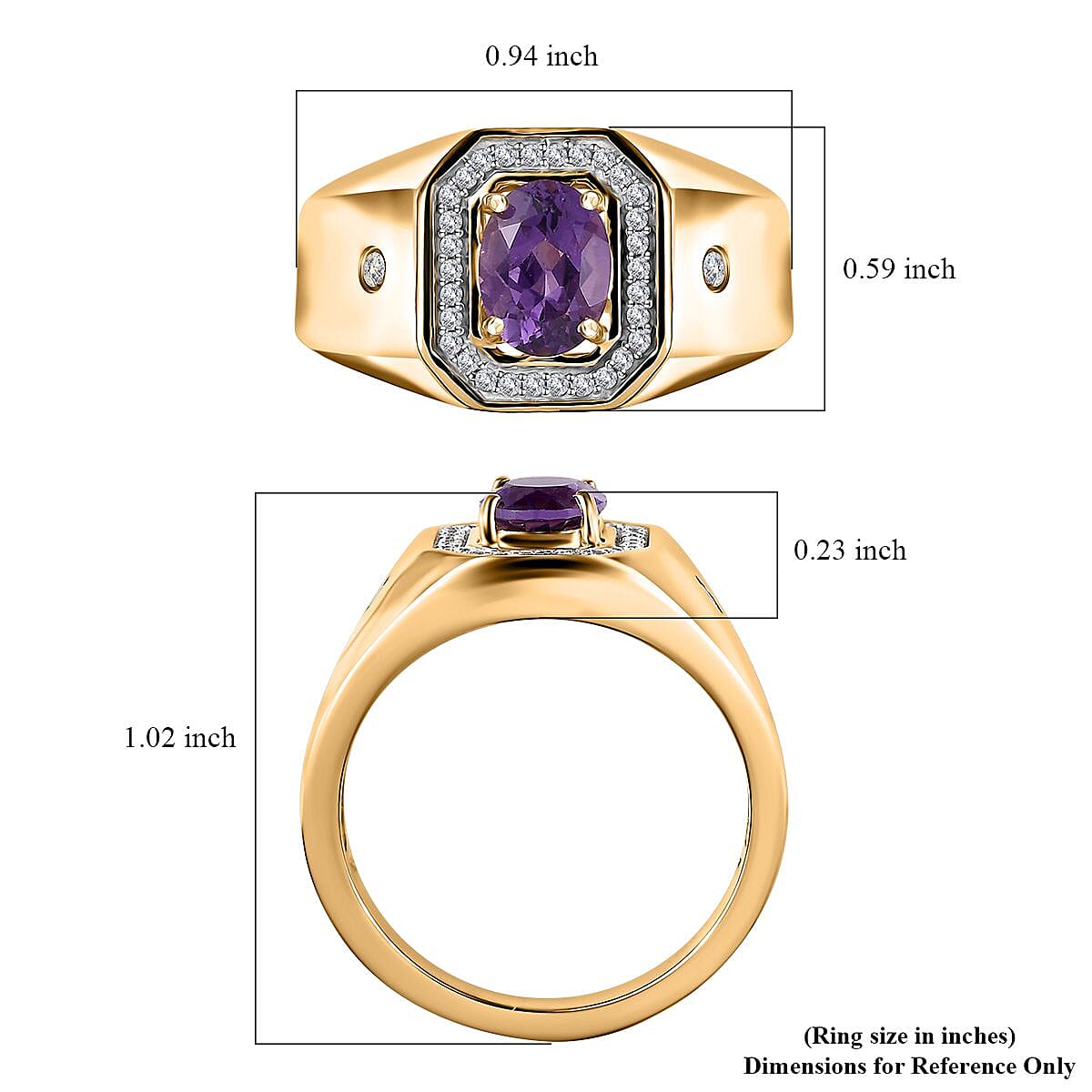 Uruguayan Amethyst and White Zircon Men's Ring in Vermeil Yellow Gold Over Sterling Silver (Size 10.0) 1.50 ctw