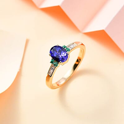 Luxoro AAA Tanzanite, AAAA Boyaca Colombian Emerald and I2 Diamond 1.50 ctw Ring in 14K Yellow Gold (Size 10.0)