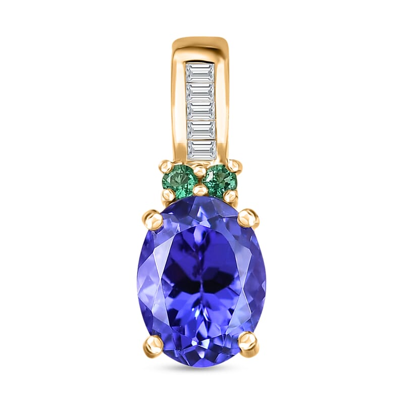 Luxoro 14K Yellow Gold AAA Tanzanite, AAAA Boyaca Colombian Emerald and G-H I2 Diamond Pendant without Chain 1.50 ctw