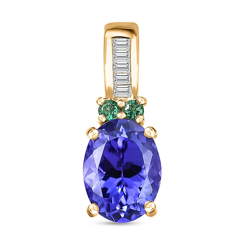 Luxoro 14K Yellow Gold AAA Tanzanite, AAAA Boyaca Colombian Emerald and G-H I2 Diamond Pendant without Chain 1.50 ctw