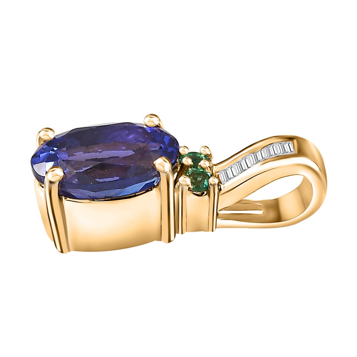 Luxoro 14K Yellow Gold AAA Tanzanite, AAAA Boyaca Colombian Emerald and G-H I2 Diamond Pendant 1.50 ctw image number 3