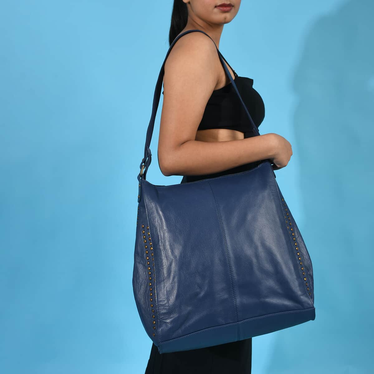 Navy Genuine Leather Hobo Shoulder Bag image number 2