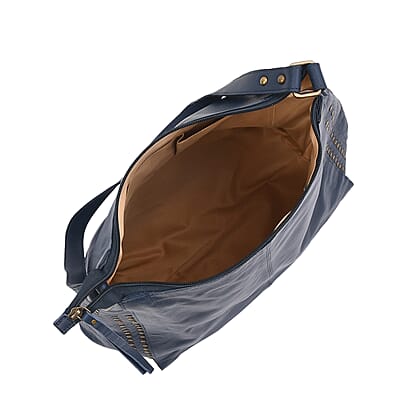 Navy Genuine Leather Hobo Shoulder Bag