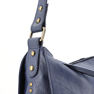 Navy Genuine Leather Hobo Shoulder Bag