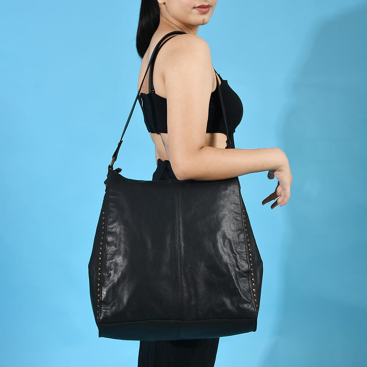 Black Genuine Leather Hobo Shoulder Bag image number 2