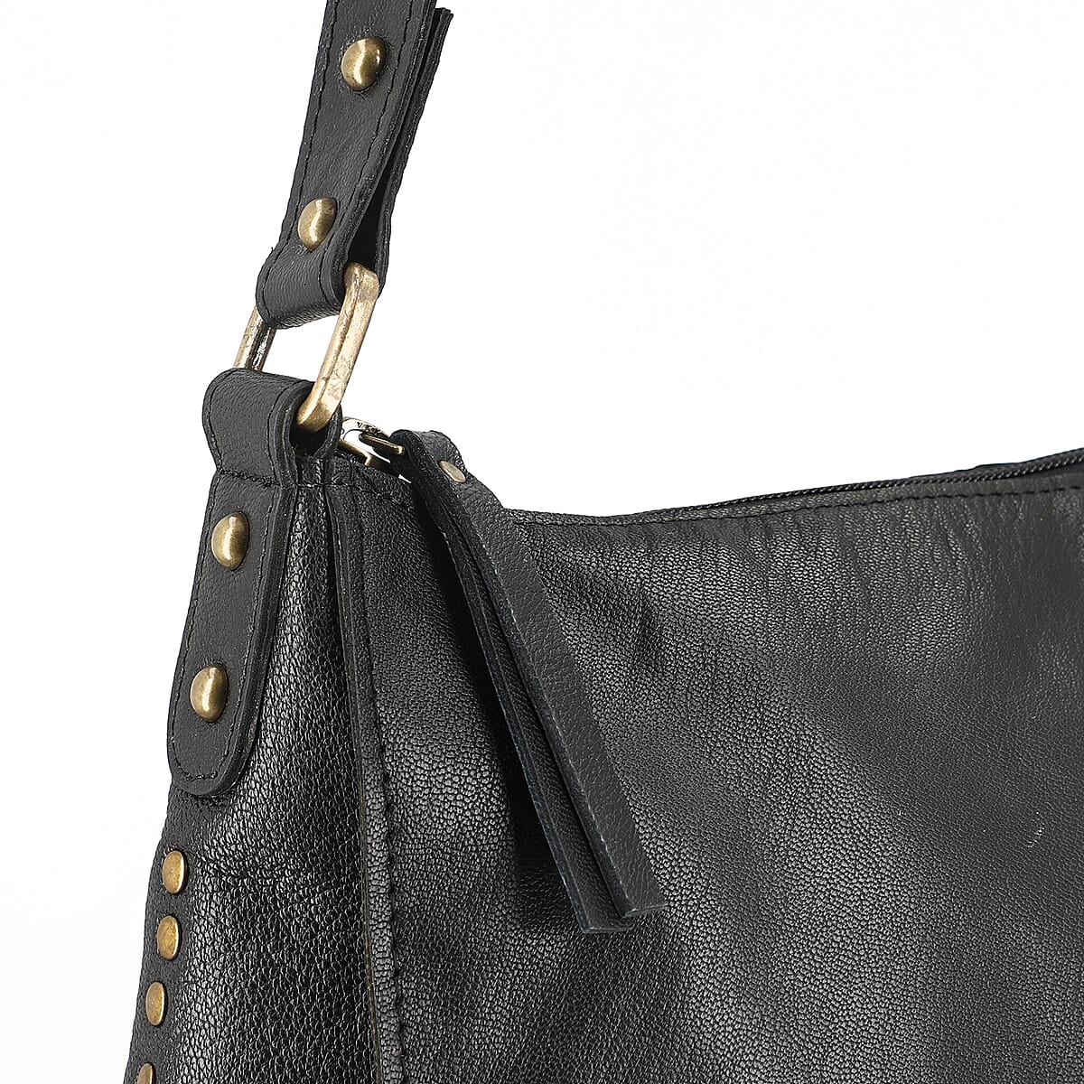 Black Genuine Leather Hobo Shoulder Bag image number 7