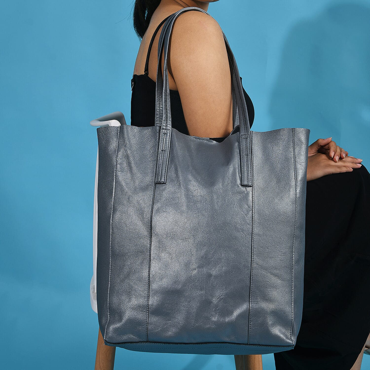 Gray Genuine Leather Unlined Metallic Tote Bag