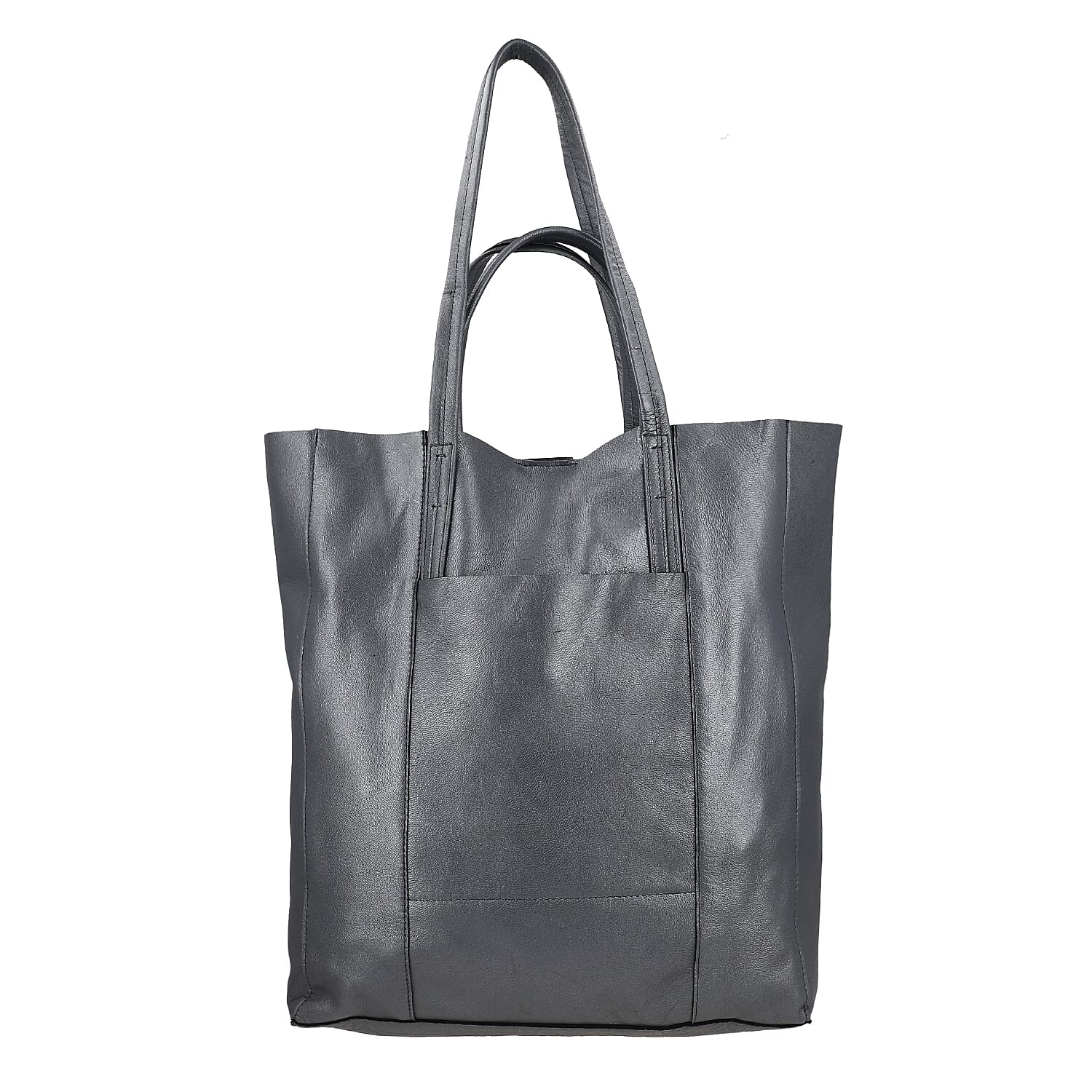Gray Genuine Leather Unlined Metallic Tote Bag