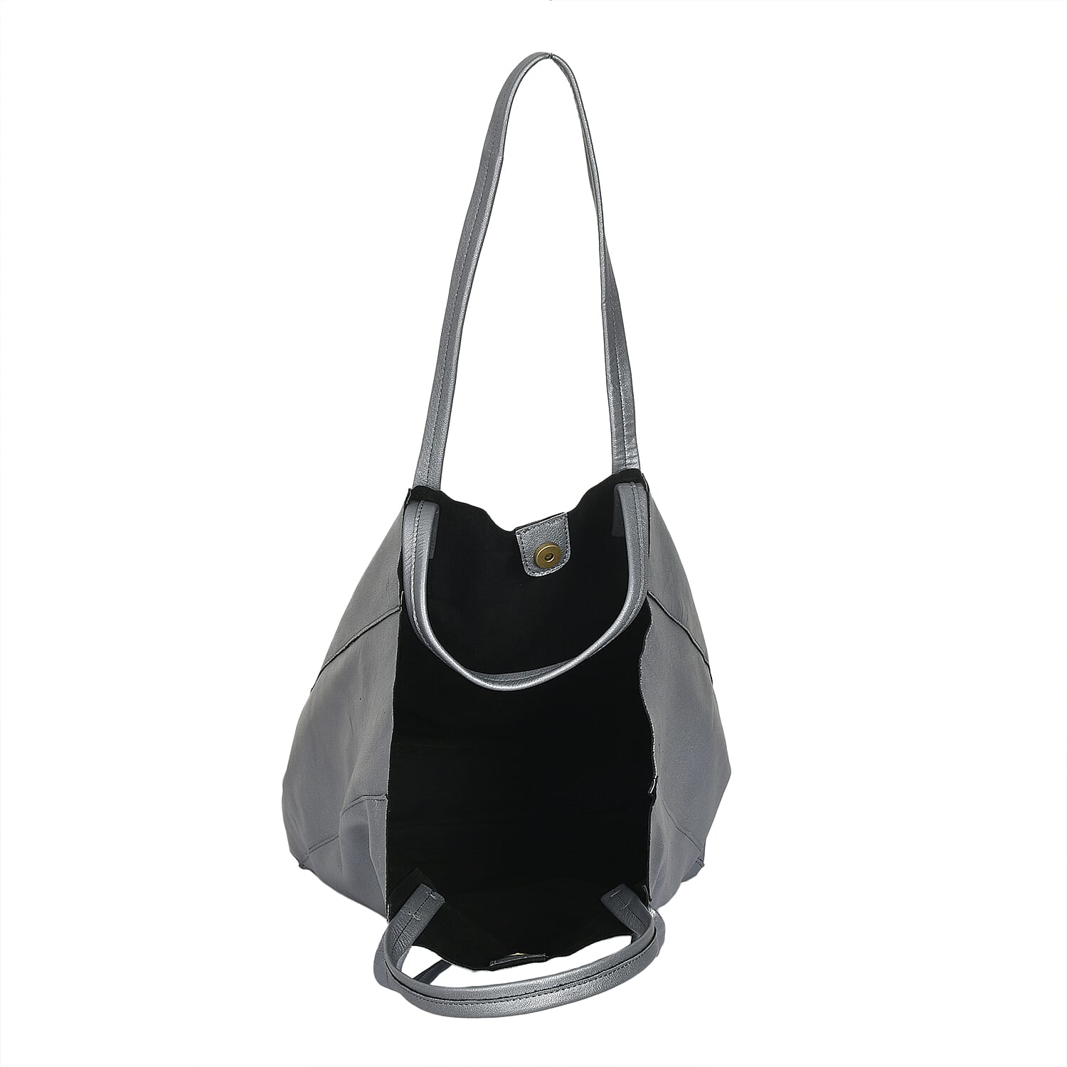 Gray Genuine Leather Unlined Metallic Tote Bag