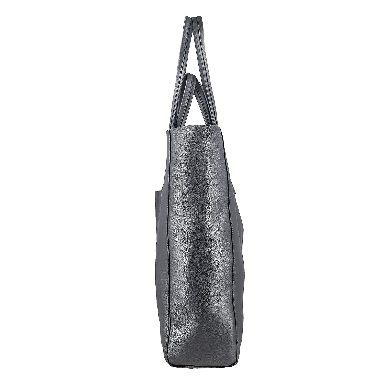 Gray Genuine Leather Unlined Metallic Tote Bag