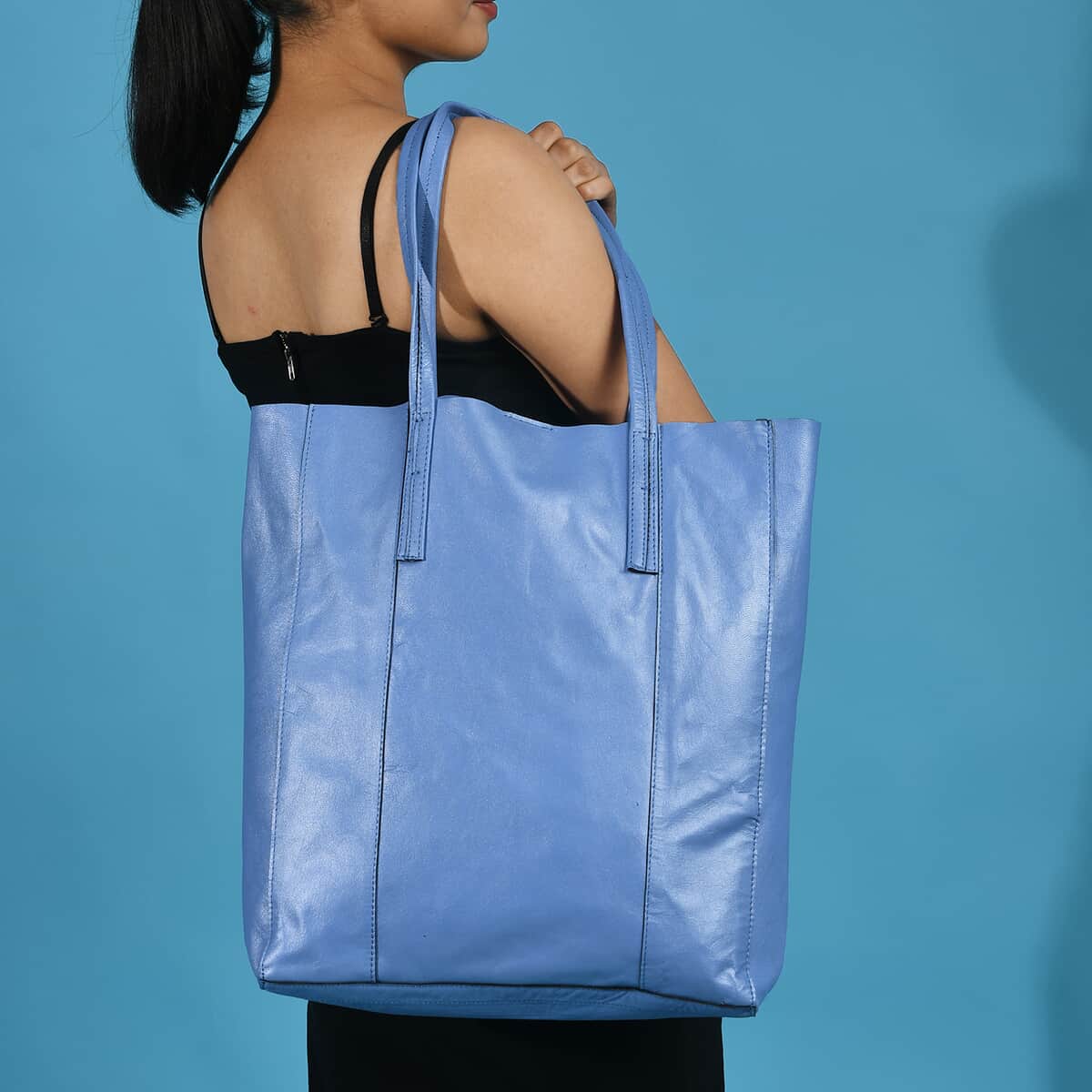 Blue Genuine Leather Unlined Metalic Tote Bag image number 2