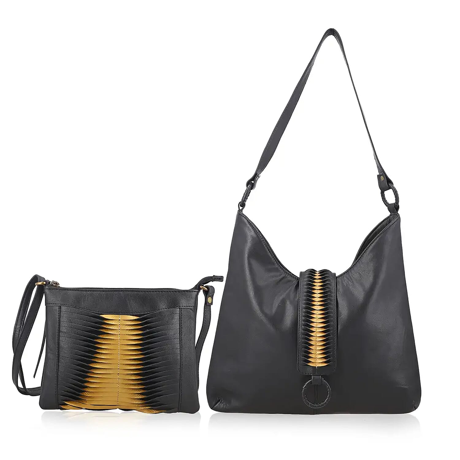 Set of 2 Black and Gold Pintuck Pattern Genuine Leather Shoulder Bag and Crossbody Bag