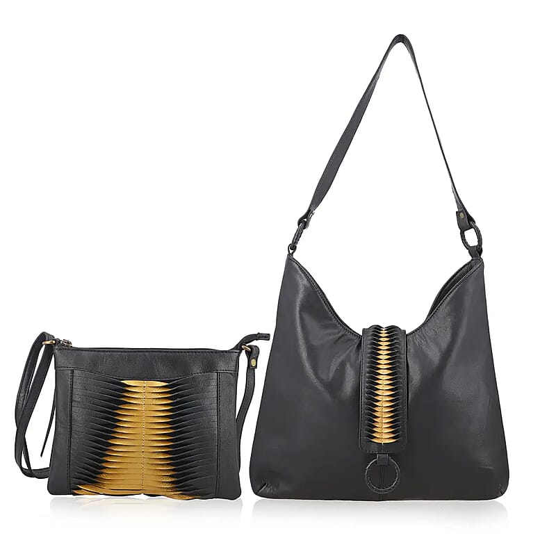 Set of 2 Black and Gold Pintuck Pattern Genuine Leather Shoulder Bag and Crossbody Bag