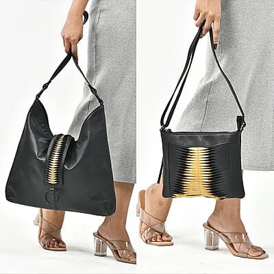 Set of 2 Black and Gold Pintuck Pattern Genuine Leather Shoulder Bag and Crossbody Bag